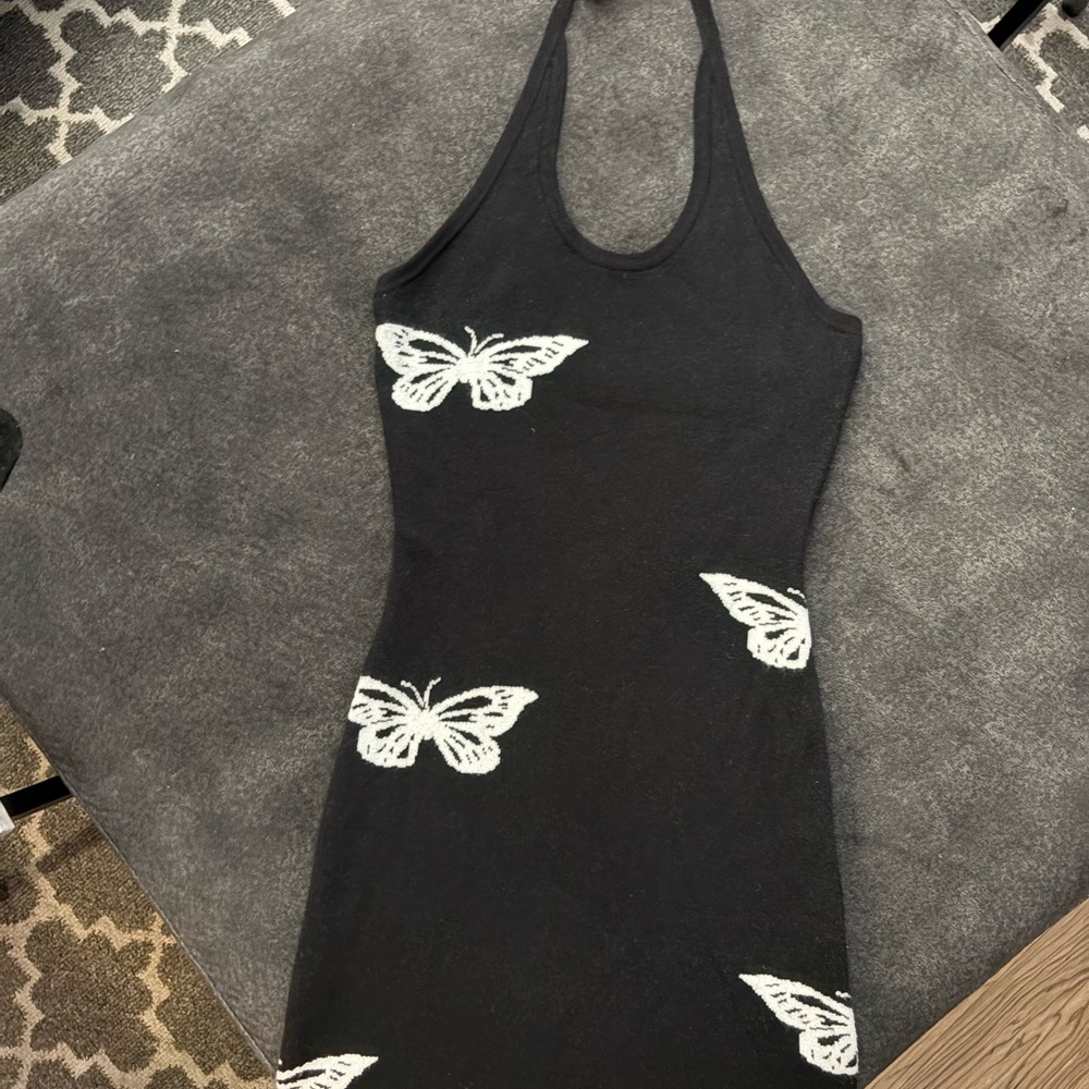 Halter Black Dress with Butterfly Design-L